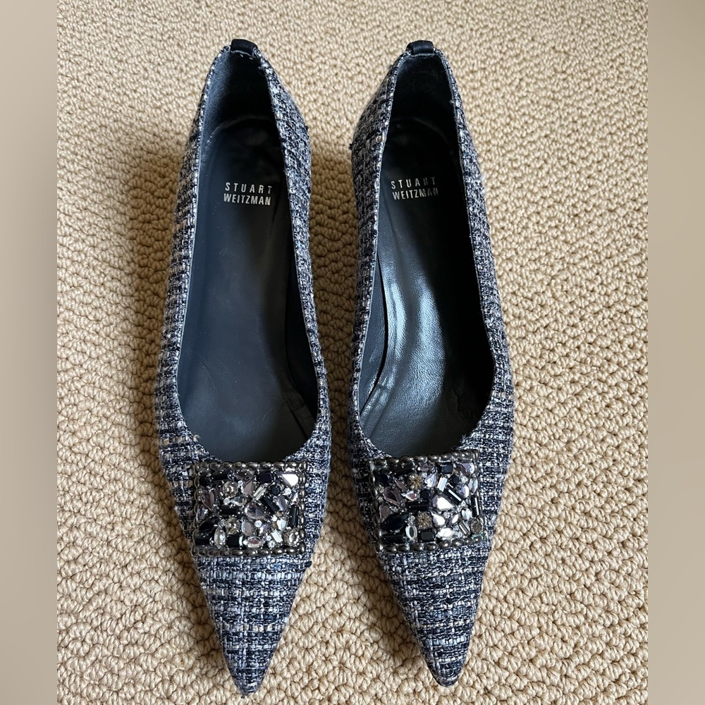 Stuart Weitzman Black Navy and Gray Tweed Heels with Jeweled Embellishments